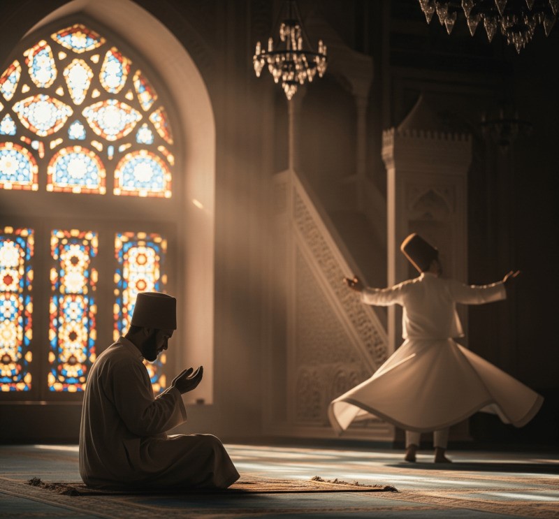 الصوفية والكرامات: مشهد روحاني يعكس التجارب الروحية والتواصل العميق مع الله من خلال الصلاة والرقص الصوفي.